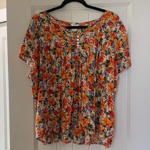 Intro. Floral Blouse - Orange, Blue and green.  Short Sleeve, NWOT. Petite Large
